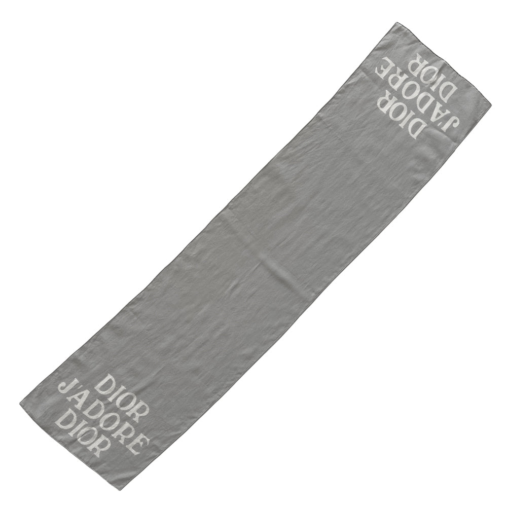 Christian Dior J’Adore Dior long rectangular silk pale grey scarf with white logo printed at each end and hand rolled edges. Made in Italy