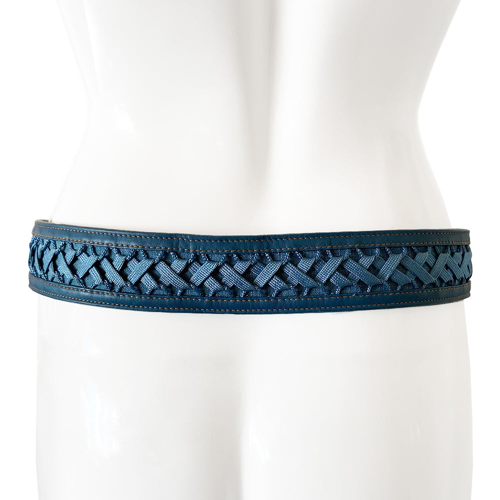 Christian Dior Admit It Denim Lace Up Belt from 2002 runway RTW Collection from John Galliano. Silver-tone rectangular logo buckle with hole adjustments, criss cross lace up detail with blue woven corset laces with silver aglet tipped ends Materials: Denim, Leather Color: Blue Made in France