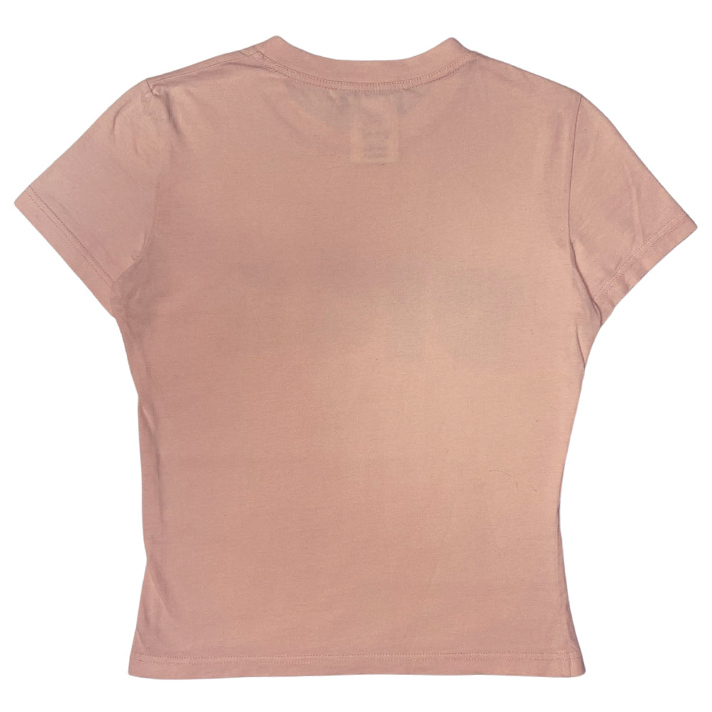 Christian Dior short sleeve blush pink tee by John Galliano for Dior, spring 2003 with ribbed crew neck and trompe l’oeil frayed faded denim DIOR logo letters. Made in France