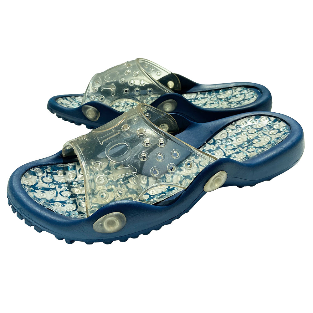 Christian Dior navy blue and white monogram jelly pool slides from John Galliano early 2000’s era. Clear upper with Dior logo embossing and perforated air holes. Monogram insole with clear nubby overlay for added comfort. Rubber bottom sole with grippy nubs and Dior logo imprint. Made in Italy