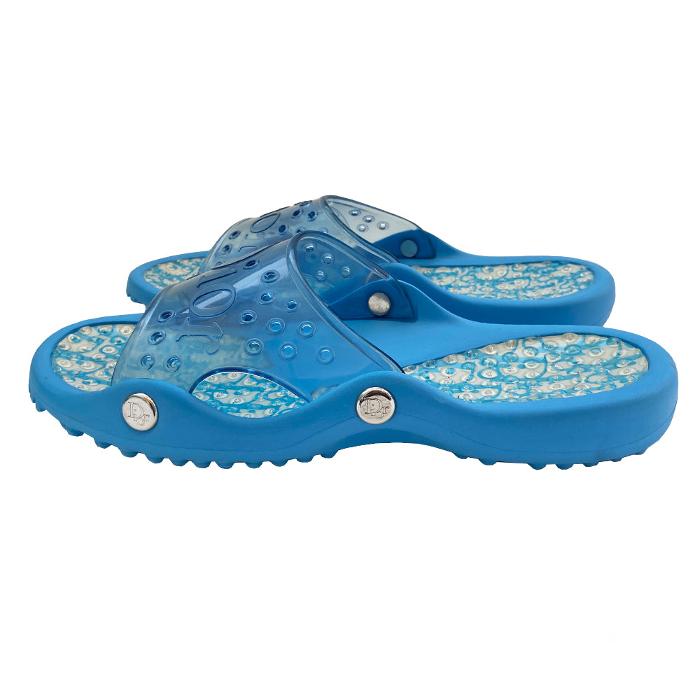 Christian Dior Monogram Jelly Slides from John Galliano era with clear blue upper and embossed Dior logo, perforated air holes, dior logo silver studs along sides. Monogram insoles have clear nubby overlay for extra comfort. Rubber soles have grippy nubs, Dior logo. Main Color: Blue Excellent condition Size: IT 42. Made in Italy