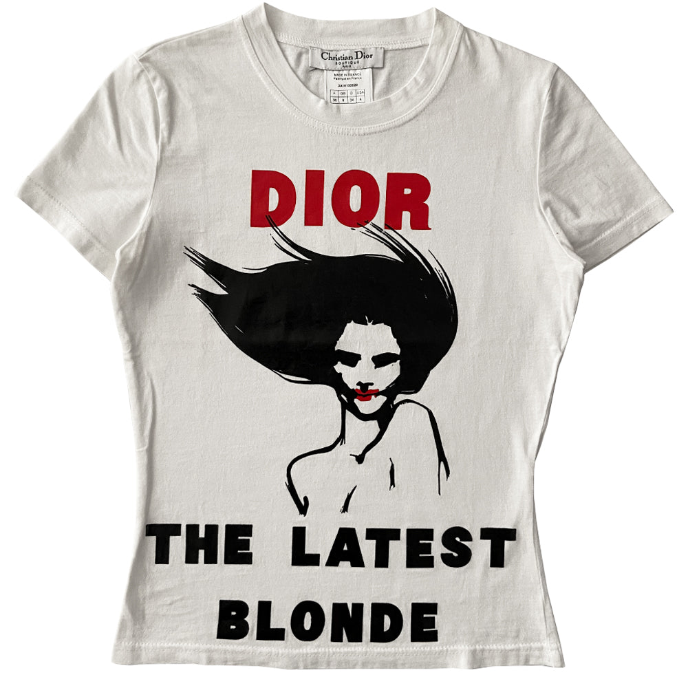 Christian Dior The Latest Blonde short sleeve tee in white by John Galliano for Christian Dior, Autumn 2003 with DIOR printed in bold red, female figure with red lips and THE LATEST BLONDE in bold print underneath. Made in France