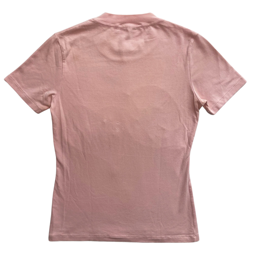 John Galliano for Dior, summer 2003 pink crew neck short sleeve tee with tonal embroidered cursive Dior spelled out, embroidered heart, sequins and crystal beading overlay that spell out Diorling. Made in France