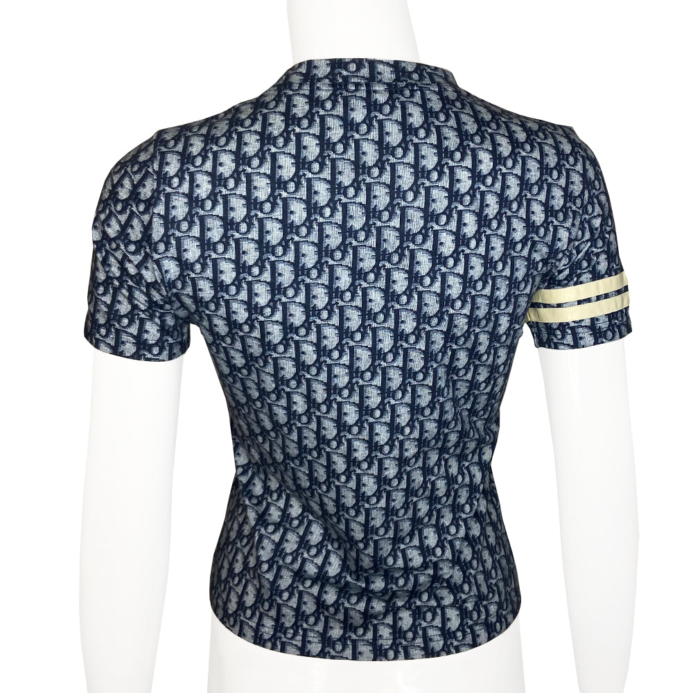 Christian Dior navy monogram short sleeve tee, Spring 2002 by John Galliano for Dior Diorissimo print with 2 off white appliqué accent bands at one sleeve, Made in France