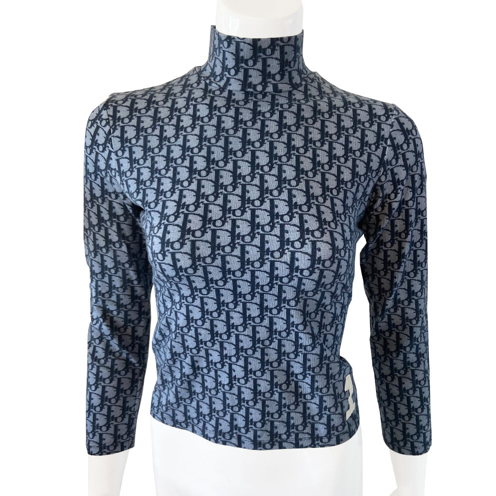 Christian Dior black on blue mock neck monogram long sleeve top from 2002 by John Galliano for Dior with double white stripe on one sleeve and No 1 at front hemline. Made in France