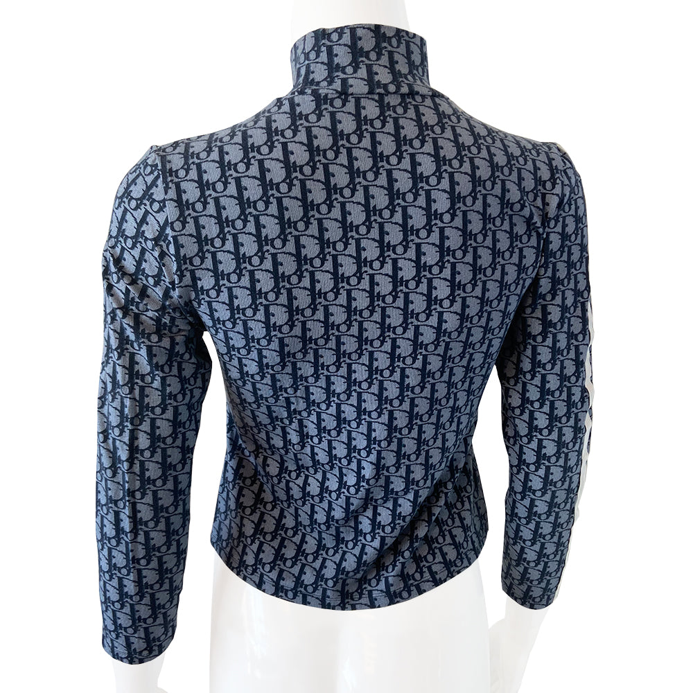 Christian Dior black on blue mock neck monogram long sleeve top from 2002 by John Galliano for Dior with double white stripe on one sleeve and No 1 at front hemline. Made in France