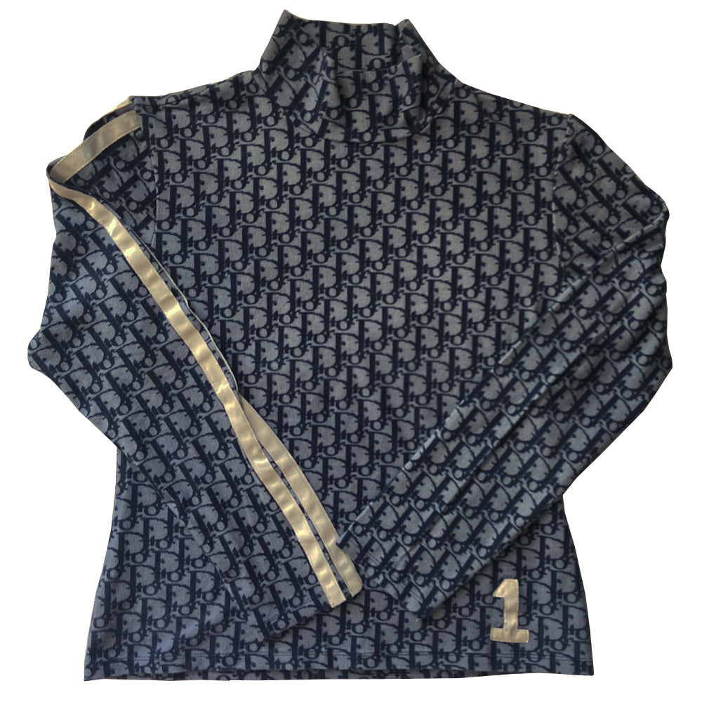 Christian Dior black on blue mock neck monogram long sleeve top from 2002 by John Galliano for Dior with double white stripe on one sleeve and No 1 at front hemline. Made in France