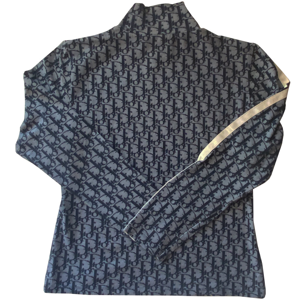Christian Dior black on blue mock neck monogram long sleeve top from 2002 by John Galliano for Dior with double white stripe on one sleeve and No 1 at front hemline. Made in France