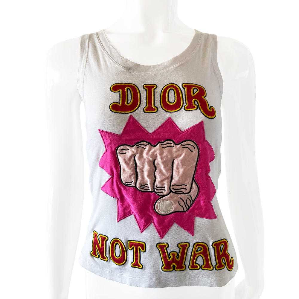 Christian Dior Runway Dior Not War white tank by John Galliano for Christian Dior S/S 2005 with front Dior Not War appliqué in red, with yellow embroidered edge and animated fist bursting out of magenta explosion and 3 red stars in back. Banded neck and arm holes. Made in France Size: FR 36 / USA 4