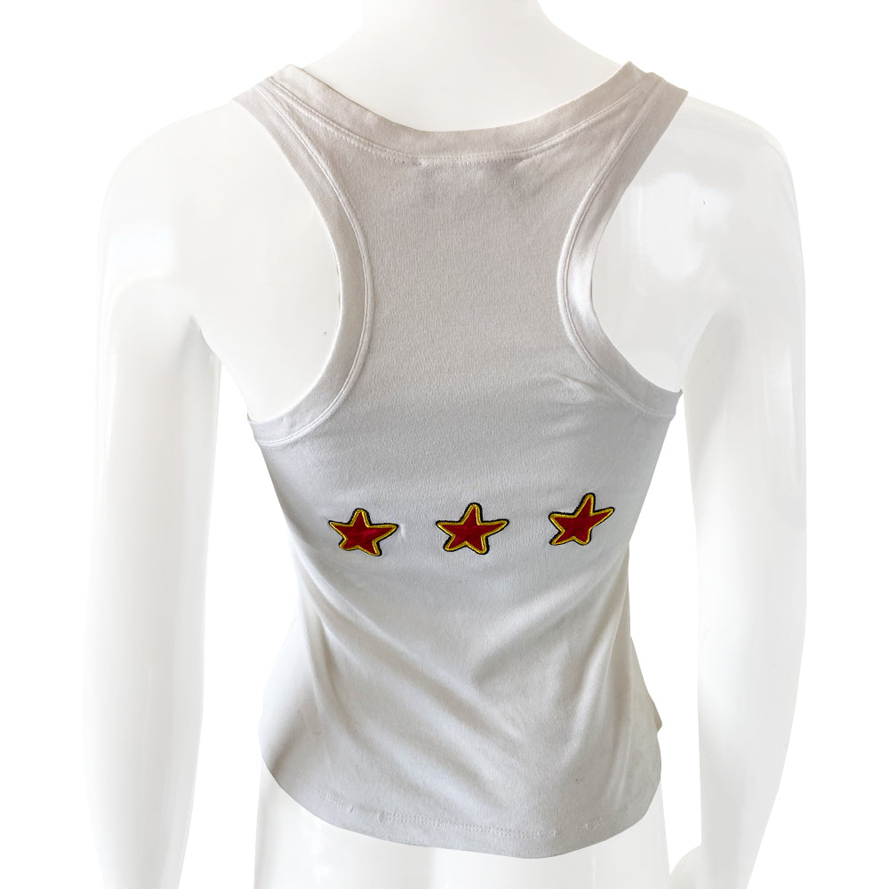 Christian Dior Runway Dior Not War white tank by John Galliano for Christian Dior S/S 2005 with front Dior Not War appliqué in red, with yellow embroidered edge and animated fist bursting out of magenta explosion and 3 red stars in back. Banded neck and arm holes. Made in France Size: FR 36 / USA 4