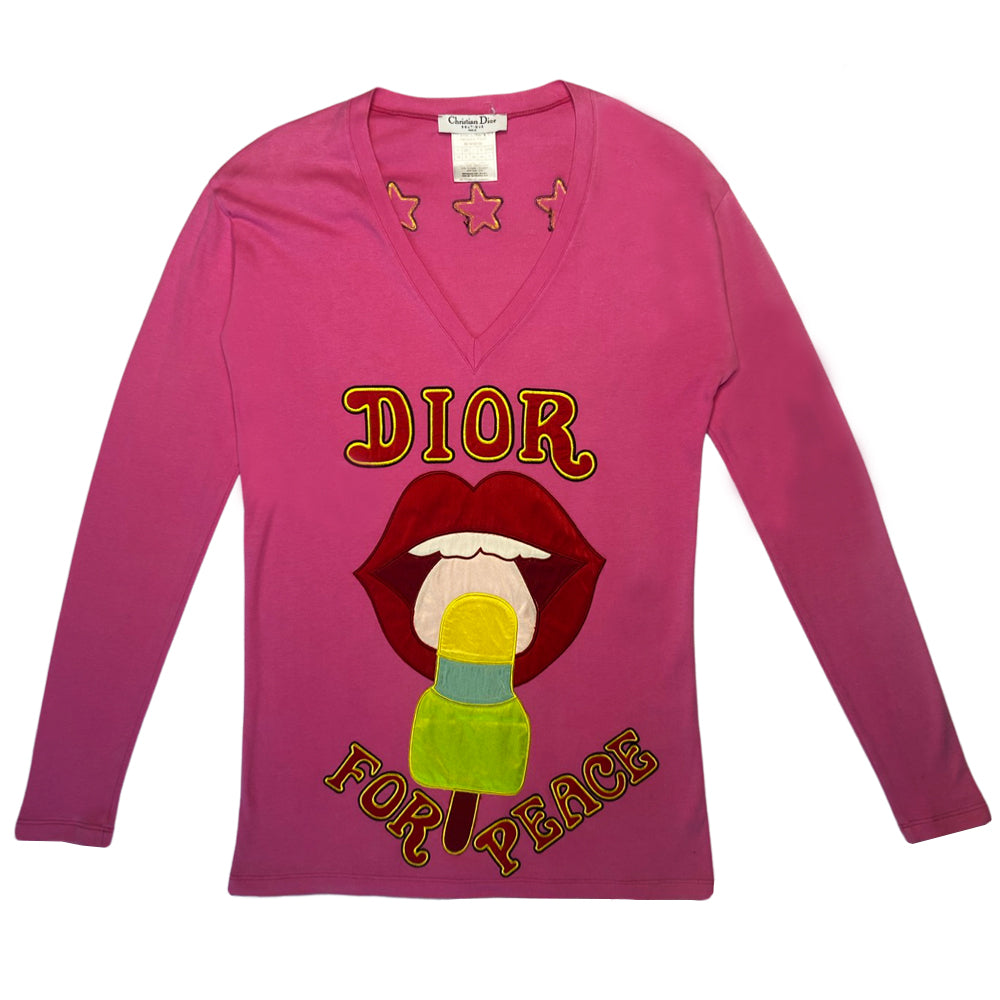 Dior for Peace fuchsia long sleeve V neck tee by John Galliano for Christian Dior, spring 2005 runway with vibrant front and back appliqué, embroidered tonal and contrast accent thread at edges. Made in France