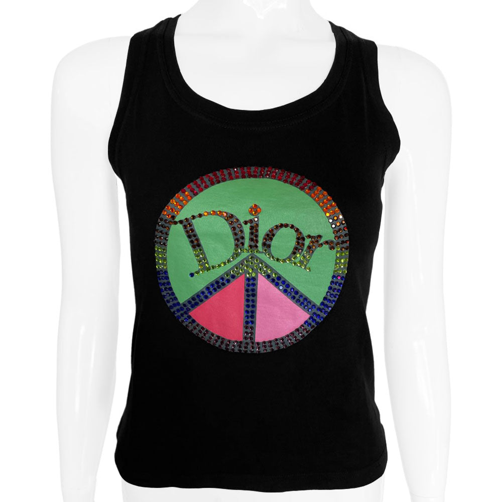 Christian Dior black Peace Tank, spring 2005 by John Galliano for Dior with crystal embellished multicolor peace sign featuring Dior logo at front center. Made in Italy