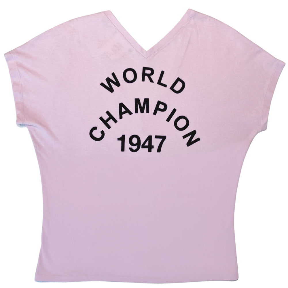 Christian Dior J’Adore Dior cap sleeve front and back V neck light pink tee by John Galliano for Christian Dior, FW 2003 with velvety appliqué lettering J’Adore Dior in front with World Champion 1947 in back. Made in Italy