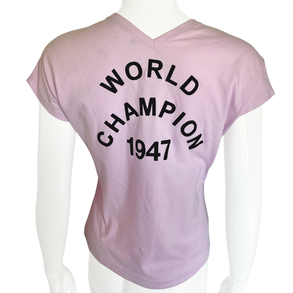 Christian Dior J’Adore Dior cap sleeve front and back V neck light pink tee by John Galliano for Christian Dior, FW 2003 with velvety appliqué lettering J’Adore Dior in front with World Champion 1947 in back. Made in Italy