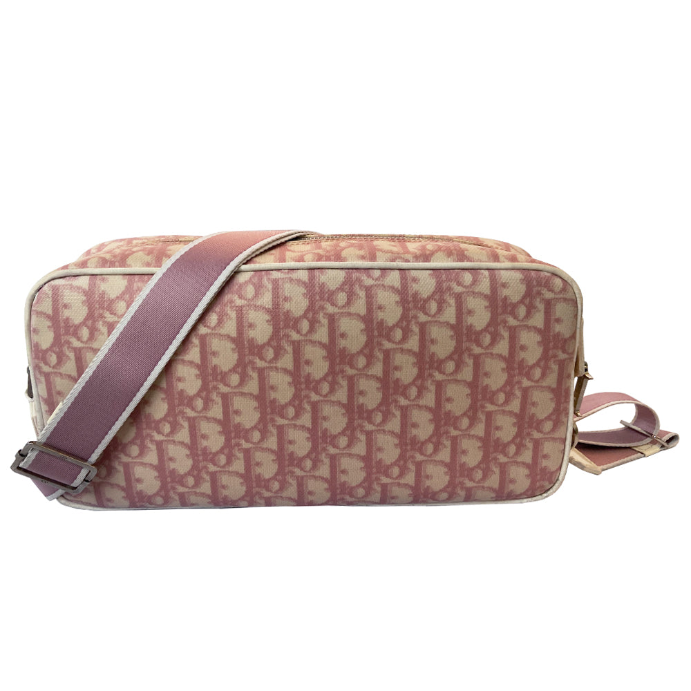 Christian Dior pink monogram canvas No 1 rectangular cross body bag by John Galliano for Dior, 2003. White patent piping, No 1 with 2 white stripe accent. Pink & white canvas shoulder strap attached on one side with silver-tone CD logo metal attachment. Top zip, pink textile interior, one interior zip pocket. Made in Italy