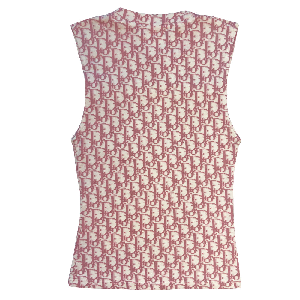 Christian Dior Diorissimo sleeveless tee by John Galliano for Dior, spring 2004 with 2 white front stripes that run across above the chest line with adjustable drawstring toggle ended cord running though. Made in France