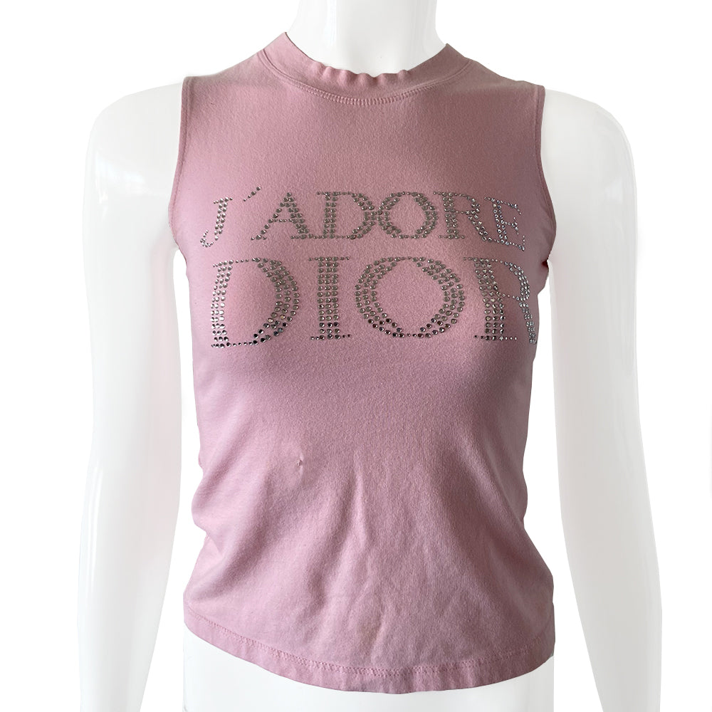 Christian Dior Crystal J’Adore Dior Pink 1947 Sleeveless Tee John Galliano for Christian Dior circa 2001 Sleeveless with crew neck with crystal lettering front and back J’Adore Dior in front with 1947 on back Size: FR 38 Condition: Small repair in front as shown Made in France