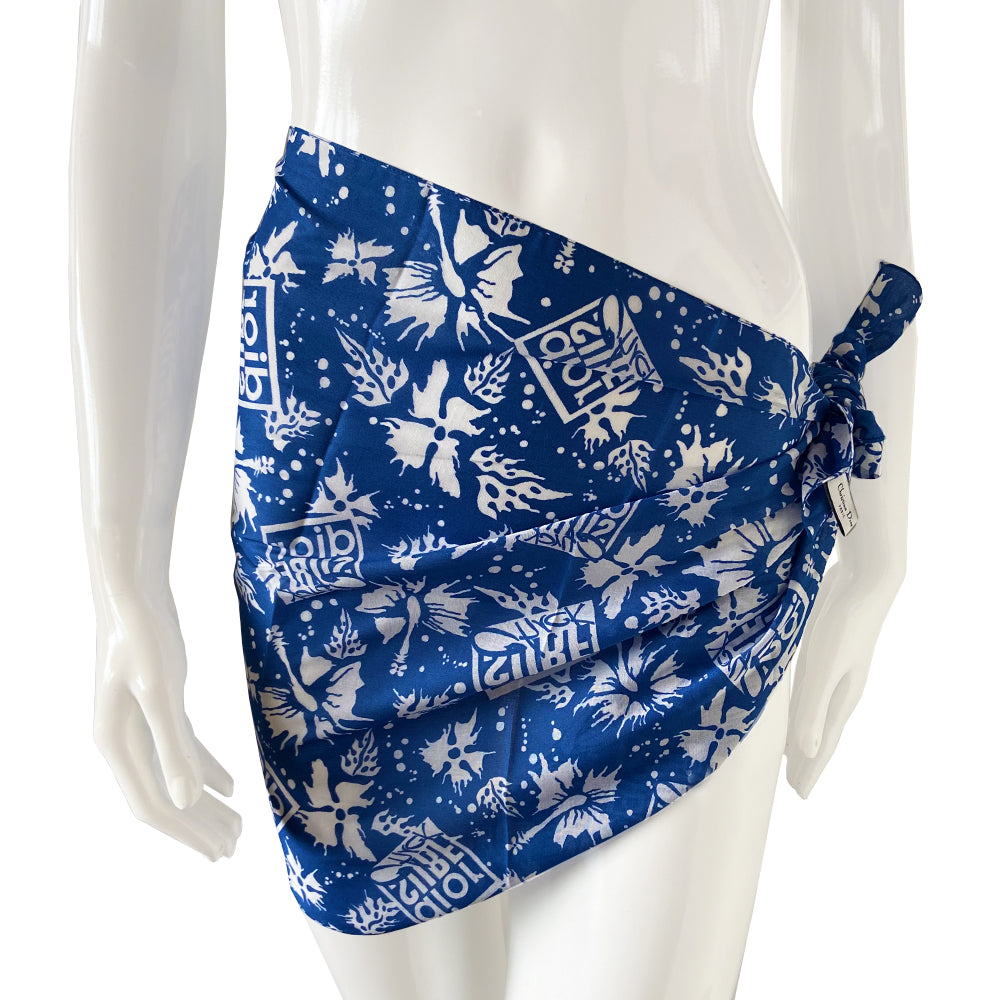 Christian Dior blue and white 100% cotton Surf Chick scarf from the 2004 Surf Chick capsule by John Galliano for Dior with all over hibiscus flowers and Dior Surf Chick print. Made in Italy