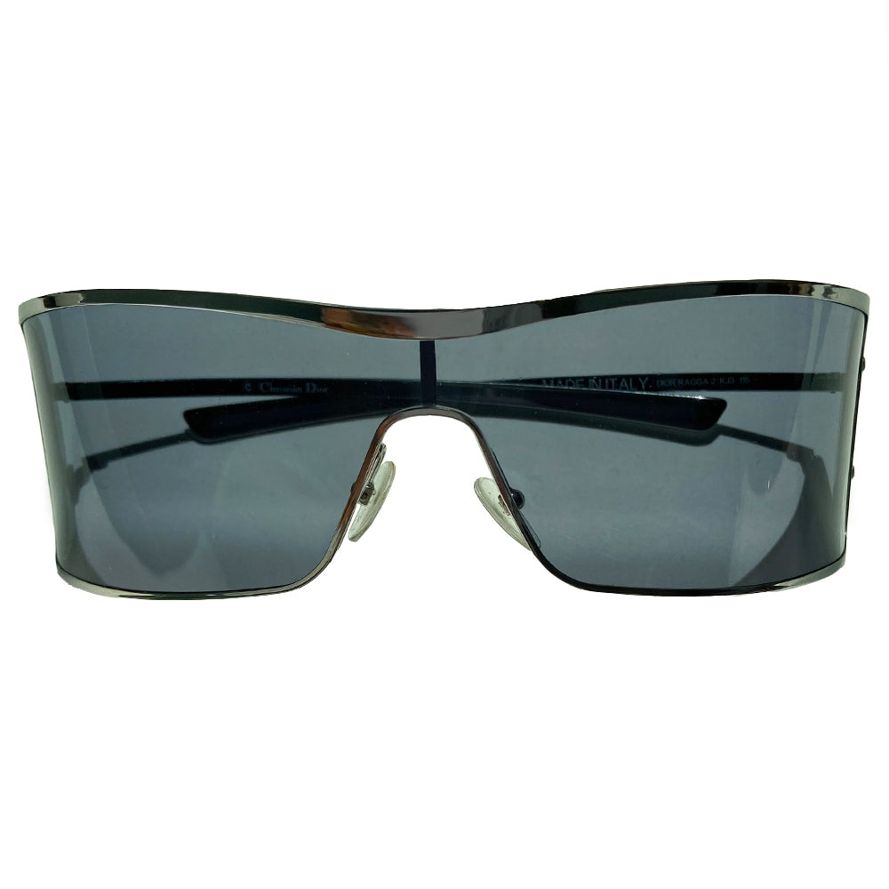 Christian Dior Ragga 2 sunglasses with wrap around silver-tone chrome style frames and arms with grey lens. Embossed Dior logo between 2 screws at each outer frame edge Style: Ragga 2 KJ3 115. Case included. Excellent condition with no scratches on glasses, case in fair condition. Made in Italy