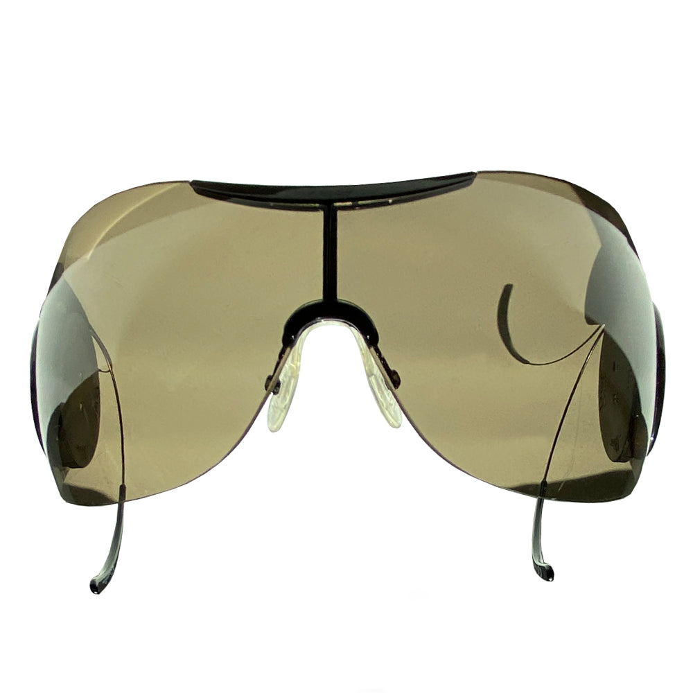 Christian Dior Sport 2 Sunglasses with oversized lens and silver-tone thin wire arms. Round black on black embossed logo at sides of lenses. Faint scratches on lens which doesn’t affect vision. Main Color: Black with dark grey lens. Made in Italy