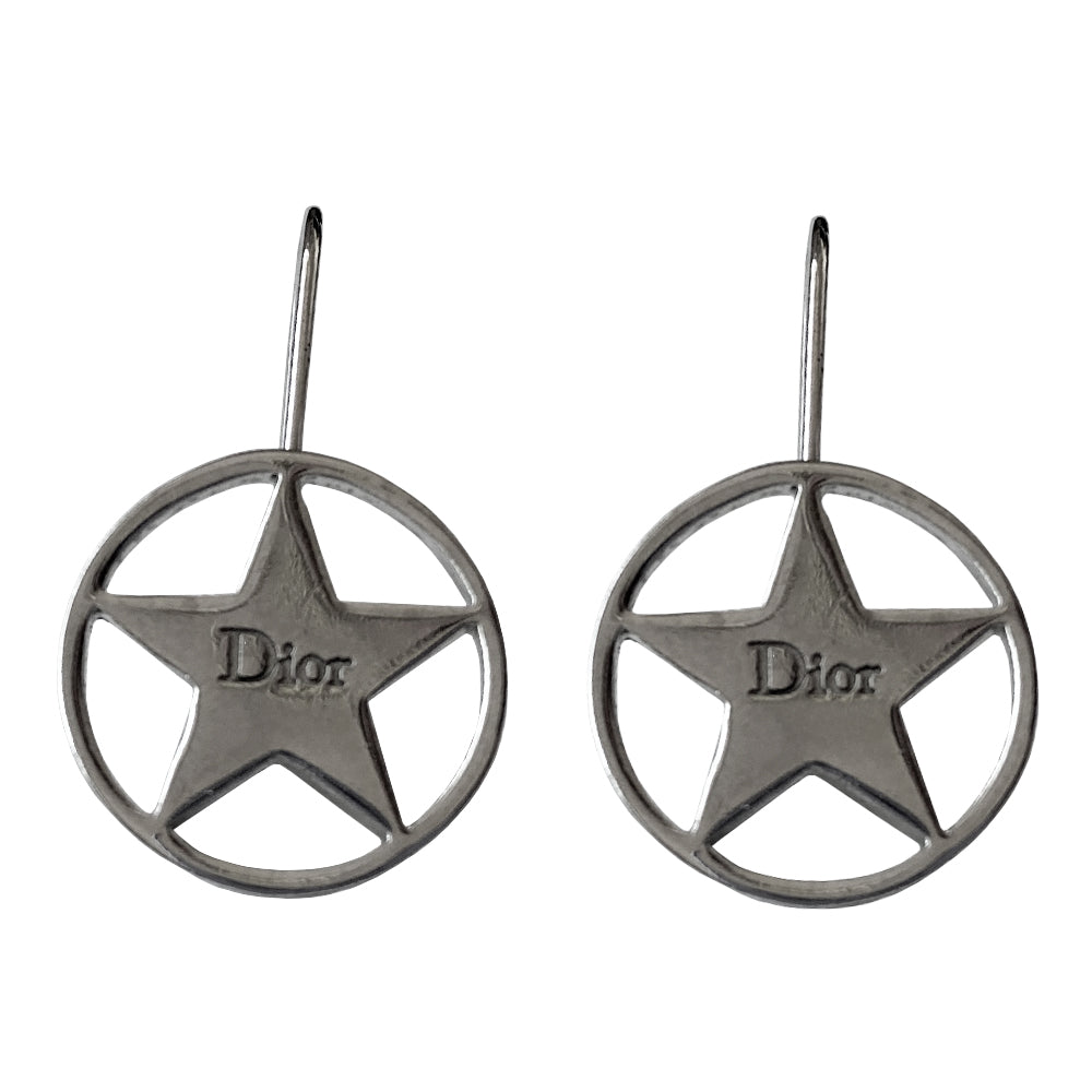 Christian Dior Silver Star Earrings Hook style silver-tone drop earrings featuring star with center Dior logo surrounded by a silver-tone circle.