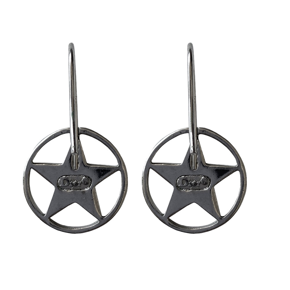 Christian Dior Silver Star Earrings Hook style silver-tone drop earrings featuring star with center Dior logo surrounded by a silver-tone circle.