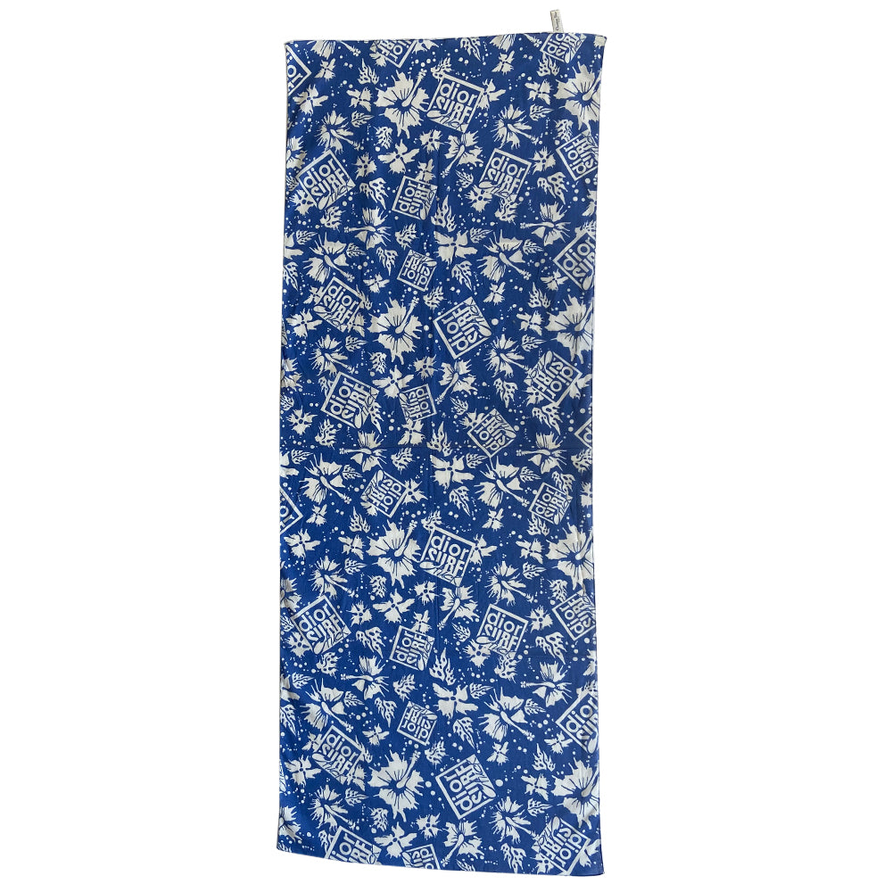 Christian Dior blue and white 100% cotton Surf Chick scarf from the 2004 Surf Chick capsule by John Galliano for Dior with all over hibiscus flowers and Dior Surf Chick print. Made in Italy