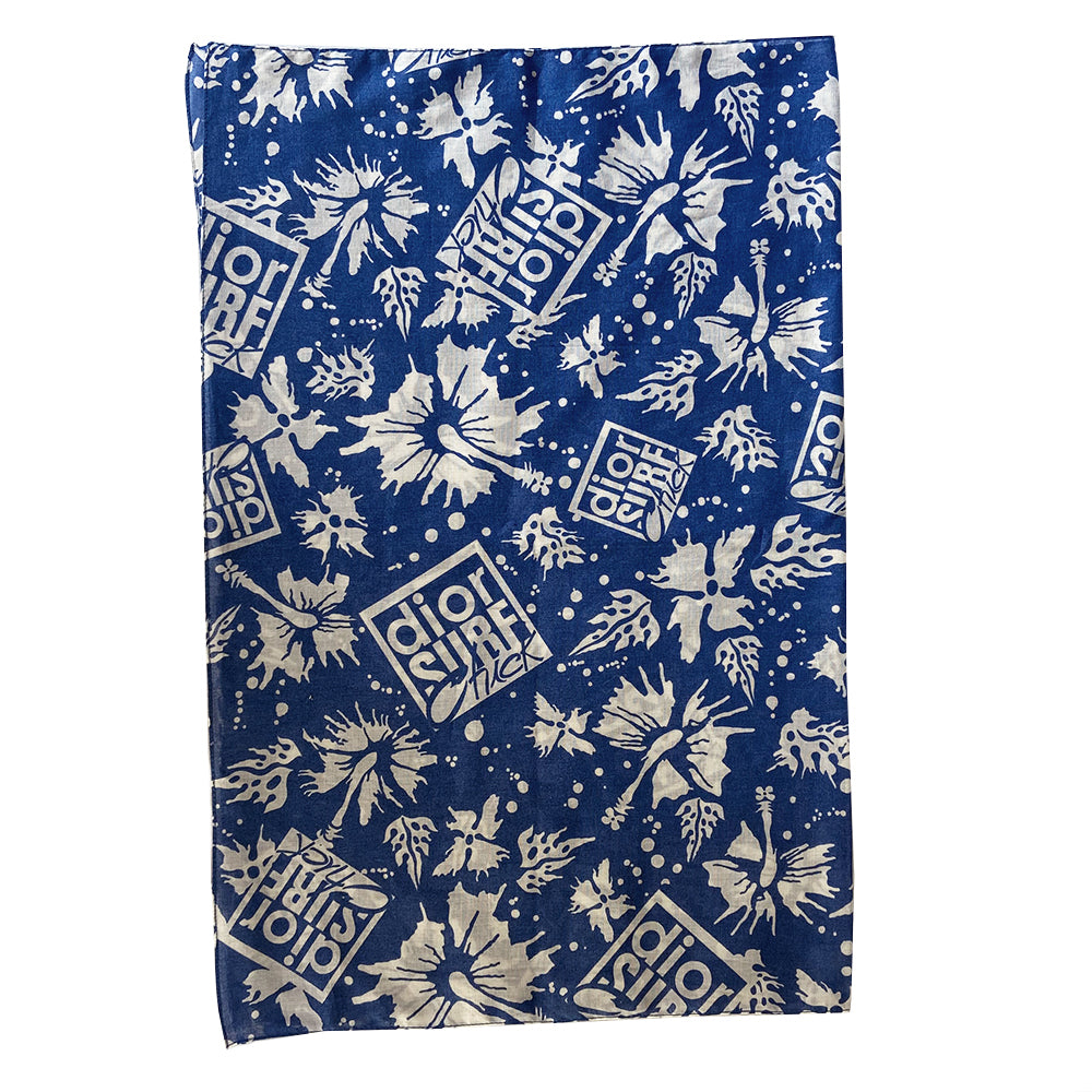 Christian Dior blue and white 100% cotton Surf Chick scarf from the 2004 Surf Chick capsule by John Galliano for Dior with all over hibiscus flowers and Dior Surf Chick print. Made in Italy