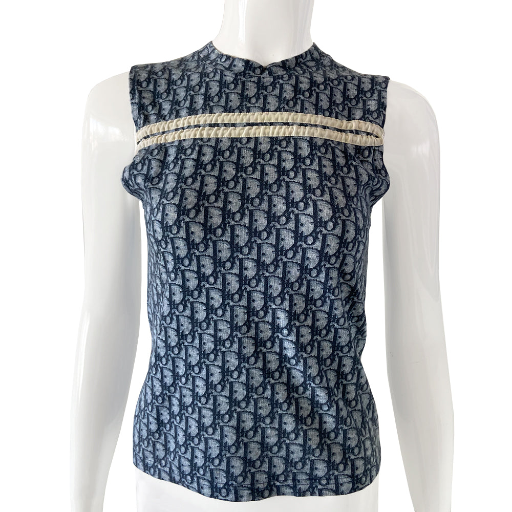 Christian Dior navy monogram sleeveless tee by John Galliano for Christian Dior, spring 2002. 2 white horizontal stripes that run above the chest line with adjustable cinch cord running though. Made in France