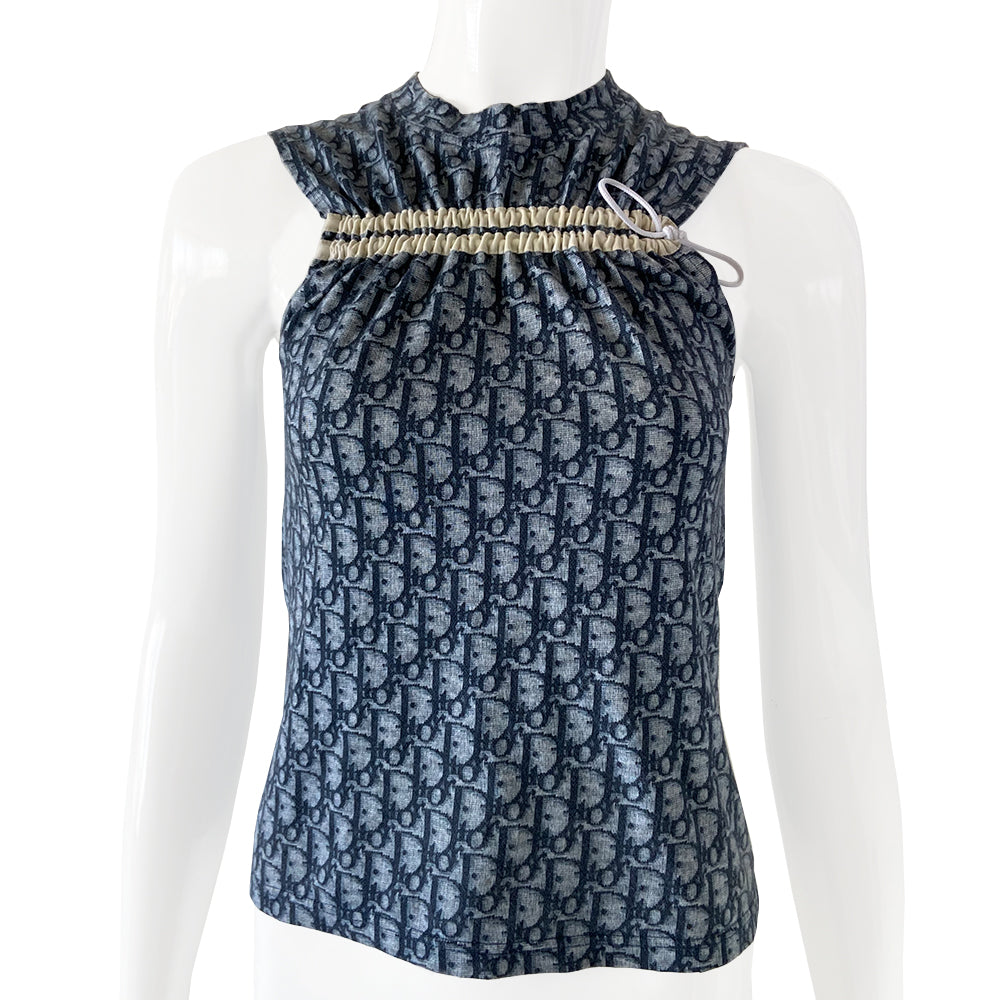 Christian Dior navy monogram sleeveless tee by John Galliano for Christian Dior, spring 2002. 2 white horizontal stripes that run above the chest line with adjustable cinch cord running though. Made in France