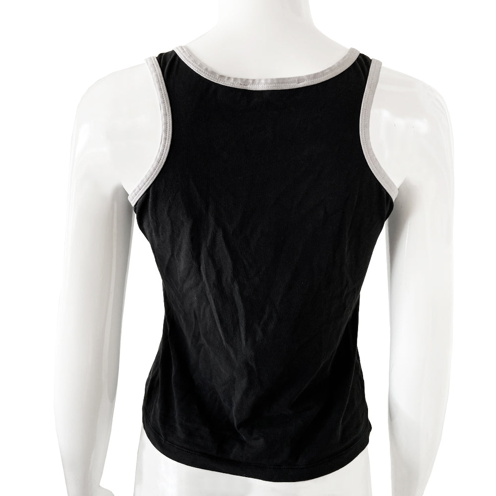 Christian Dior rare Gothic Script Tank circa 2002 by John Galliano for Dior Super soft stretch fabric with piping at neckline and arm holes. Color: Black with white script lettering and accent. Fabric: 95% Cotton, 5% Lycra Made in Italy Missing size tag Nape of Neck to Bottom Hem (in) 18.5" Chest approx (in) 16"