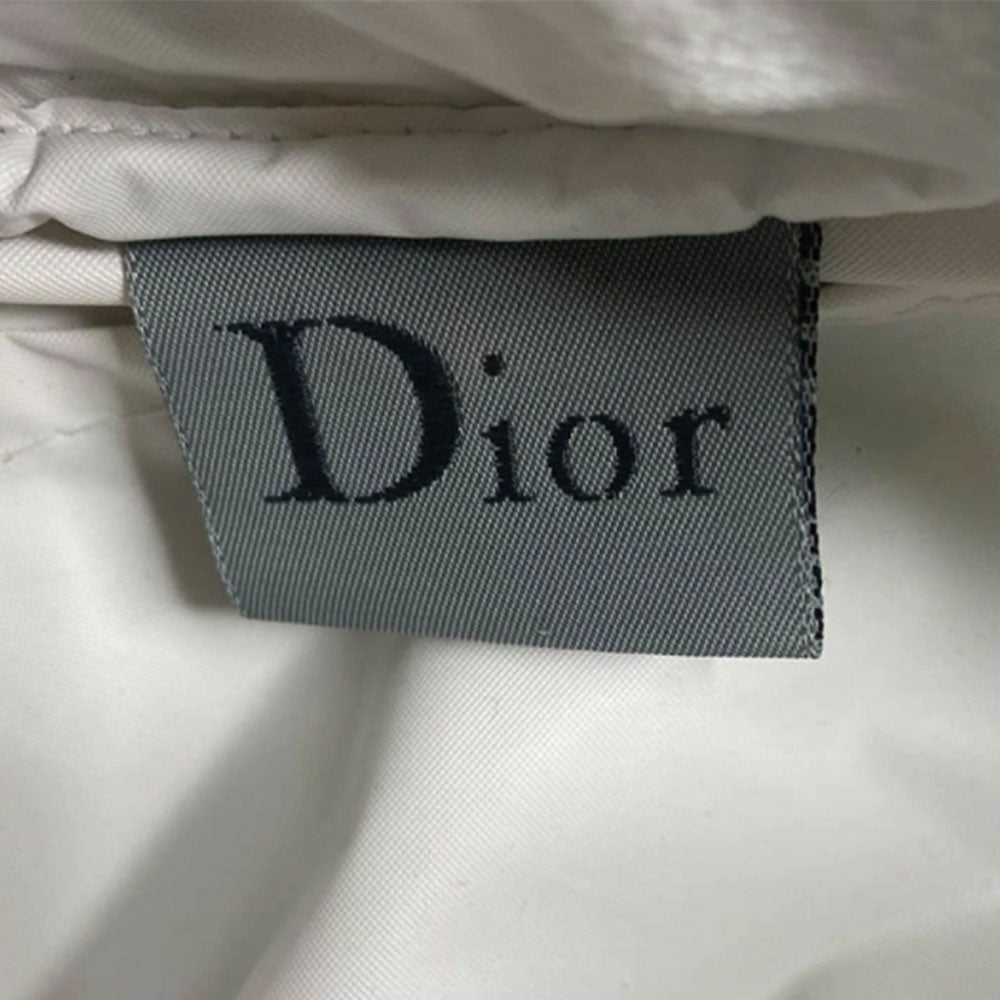 Christian Dior navy monogram mini terry fabric boston bag circa 2005 with No. 2 white appliqué in front, white piping on handles and at zipper, waterproof vinyl interior with 2 slip pockets, zipper closure, white textile ribbon zipper pull.