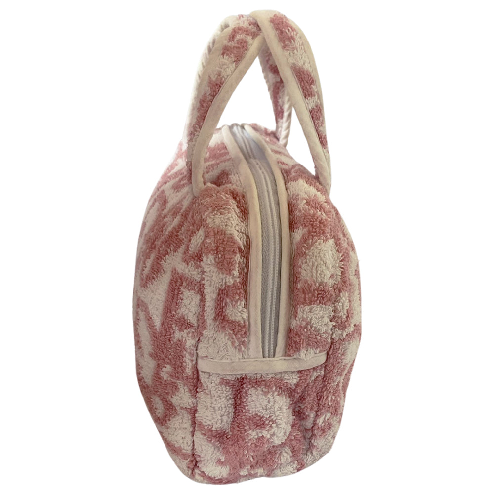 Circa 2005 Mini pink diorissimo monogram terry cloth boston bag with white piping on handles and at zipper, waterproof white vinyl interior with 2 slip pockets, zipper closure.