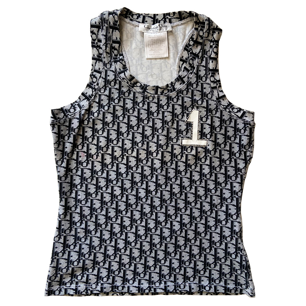 Christian Dior Diorissimo Crystal No. 1 tank from John Galliano era, circa 2002 with racer back, all over monogram print and No 1 appliqué surrounded by crystals at chest. Slight cracking on the No 1 appliqué. Color: Black/Grey Size: FR 38 / USA 6