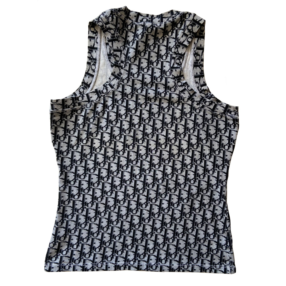 Christian Dior Diorissimo Crystal No. 1 tank from John Galliano era, circa 2002 with racer back, all over monogram print and No 1 appliqué surrounded by crystals at chest. Slight cracking on the No 1 appliqué. Color: Black/Grey Size: FR 38 / USA 6