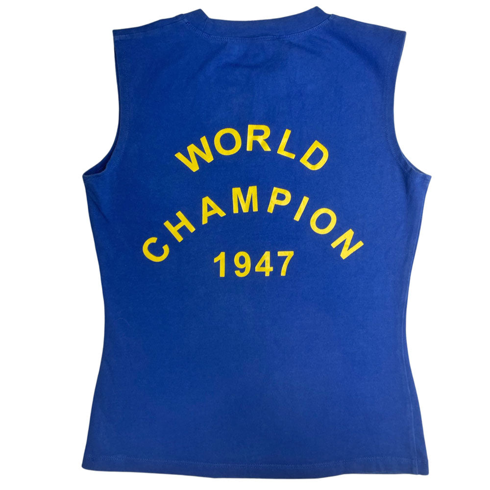 John Galliano for Christian Dior, Winter 2001 sleeveless royal blue crew neck tank with yellow J’Adore Dior printed in fron land World Champion 1947 on back. Made in Italy