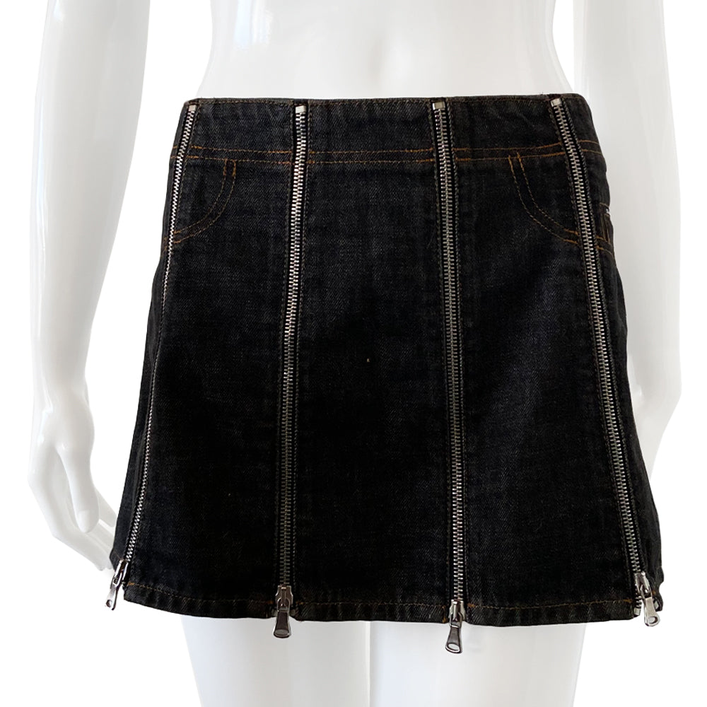 Dolce & Gabbana Zip Panel Black Denim Mini Skirt from 2004 with 10 zippered denim panels and silver-tone D&G stamped zipper pulls that unzip individually from bottom to top. Accent stitching to mimic jeans pockets in back and front. D&G tag attached to faux front pocket. Made in italy
