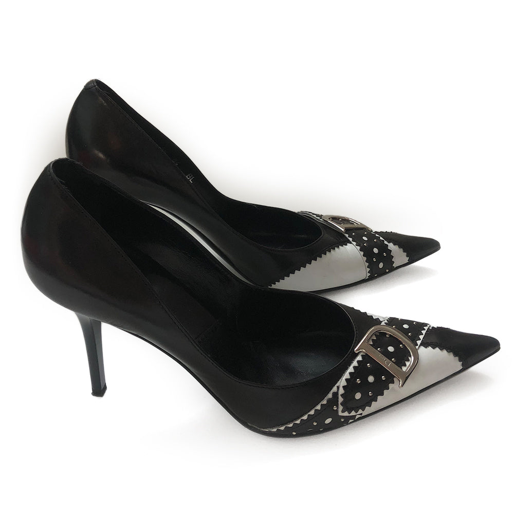 Dior D'Trick Black & White Leather D Pumps From the Spring 2004 RTW Collection By John Galliano. Perforated, scalloped leather silver D logo buckle, pointed toe. Box, dust bag and extra heel taps included. Made in Italy