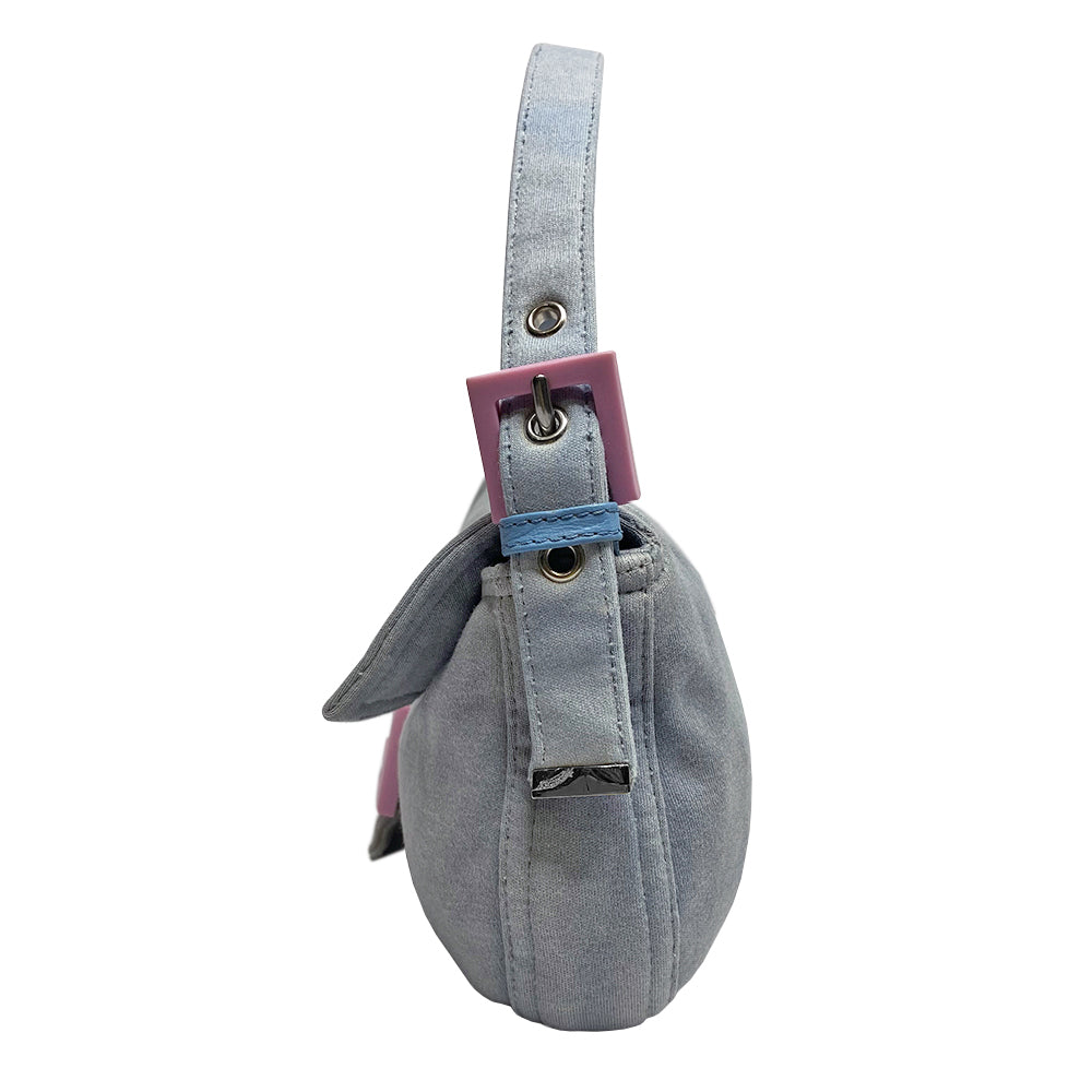 Fendi Jersey Fabric Baguette powder blue jersey fabric baguette with adjustable removal strap, pink rubber buckles and front logo with silver-tone metal hardware. Front flap with magnetic closure, jersey lined with interior zippered pocket. Made in Italy