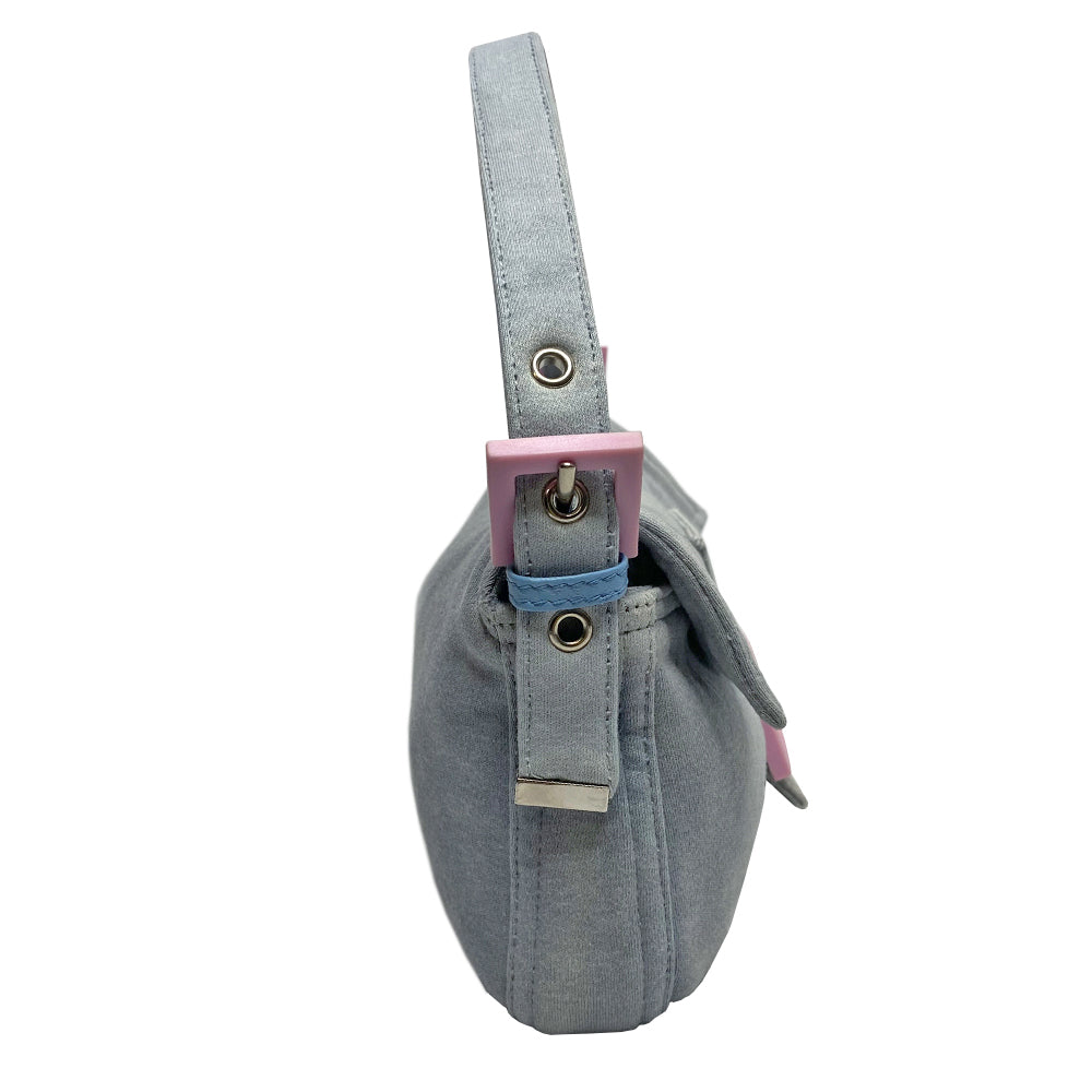 Fendi Jersey Fabric Baguette powder blue jersey fabric baguette with adjustable removal strap, pink rubber buckles and front logo with silver-tone metal hardware. Front flap with magnetic closure, jersey lined with interior zippered pocket. Made in Italy
