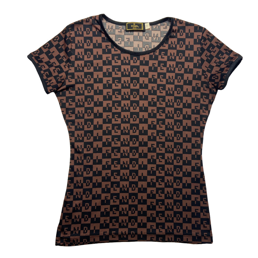 Fendi logo checkerboard short sleeve tee in black and brown with all over checkerboard and two-tone all over FENDI logo letters printed out. Tag Size: 42 Made in Italy