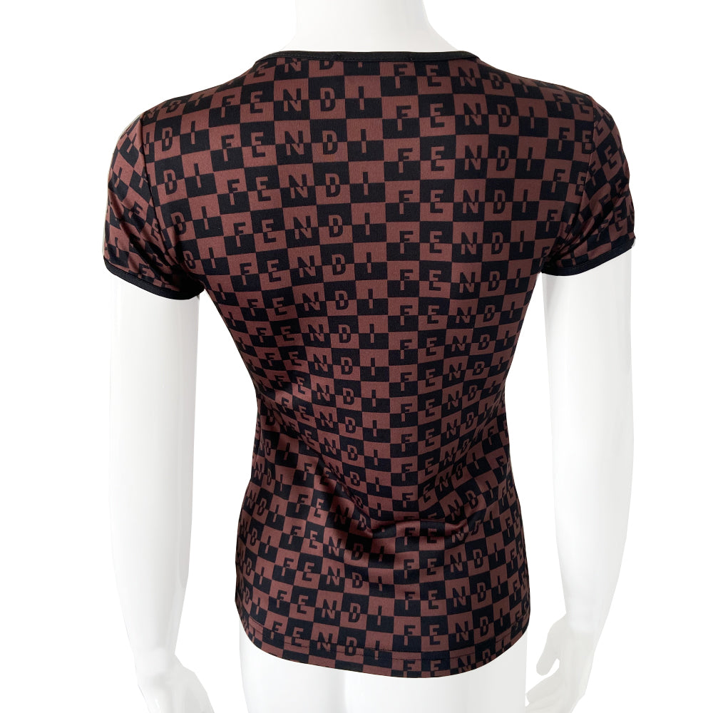 Fendi logo checkerboard short sleeve tee in black and brown with all over checkerboard and two-tone all over FENDI logo letters printed out. Tag Size: 42 Made in Italy