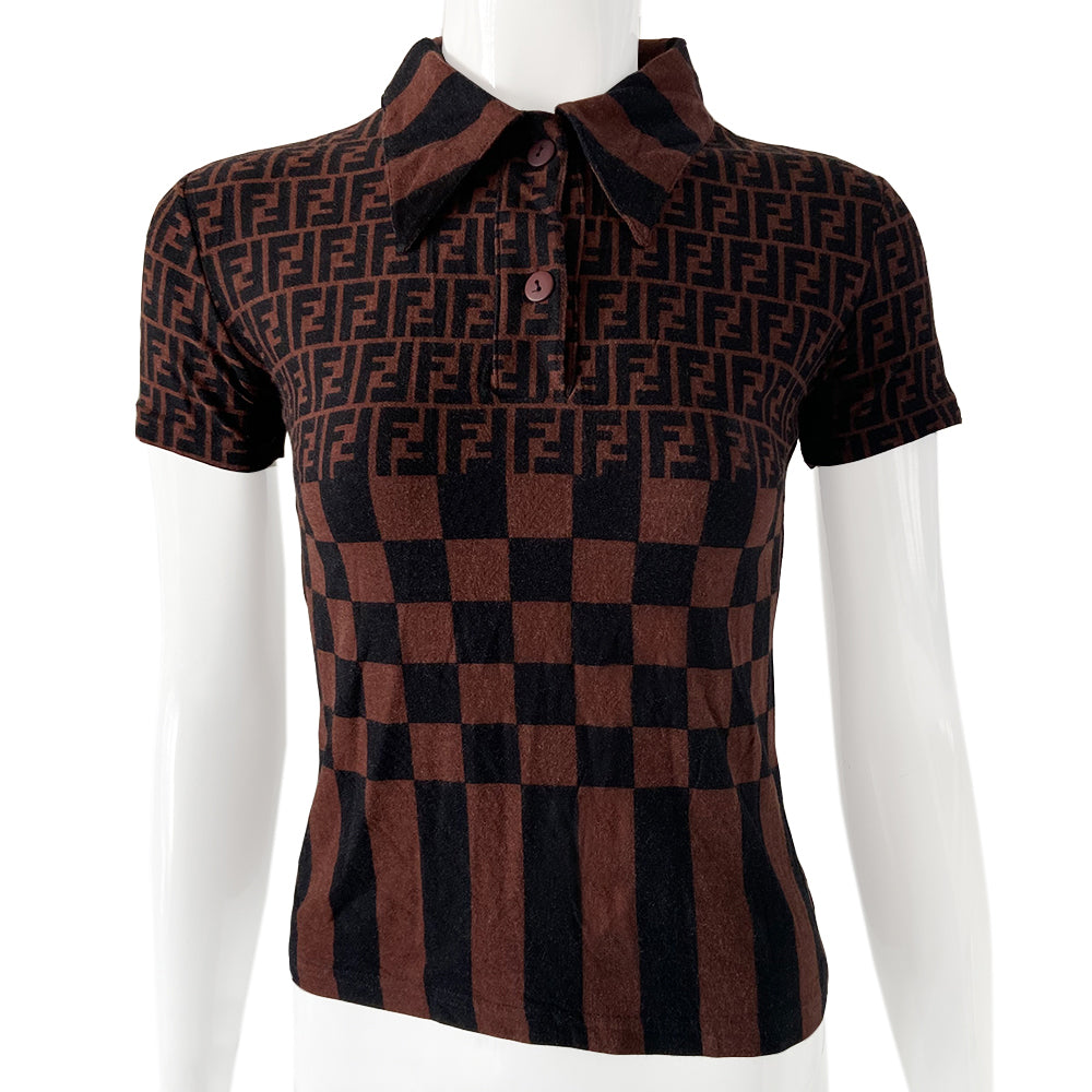 Fendi Zucca short sleeve polo shirt with Fendi FF Zucca, checkerboard and stripes patterns on body with striped collar in black and brown. Made in Italy