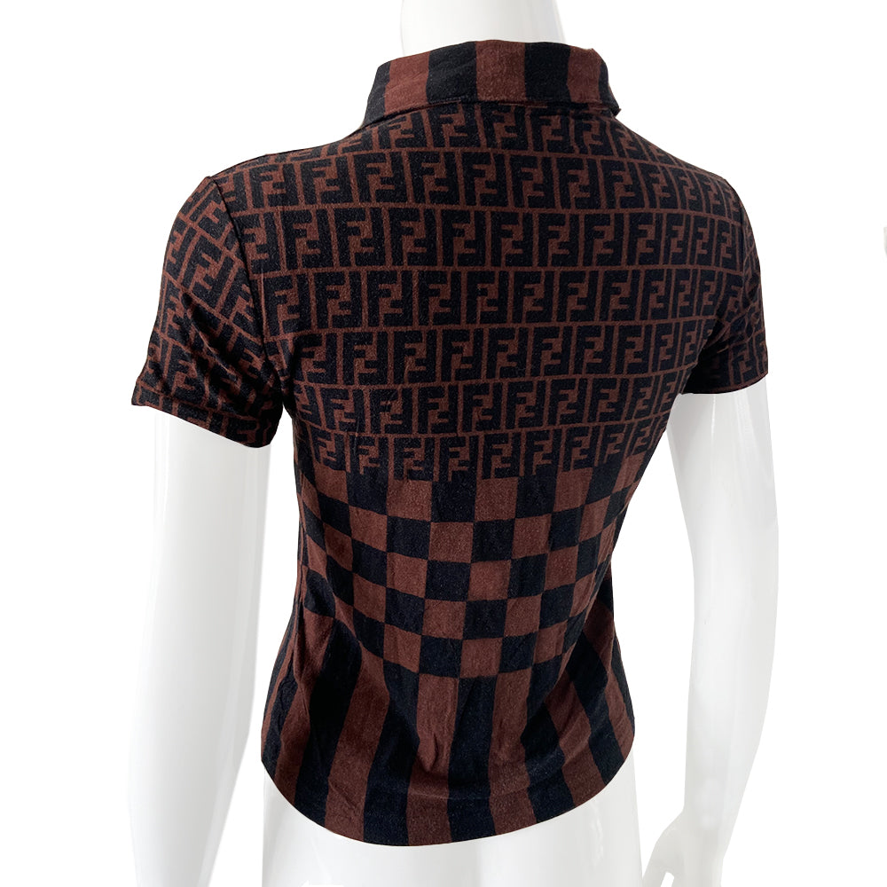 Fendi Zucca short sleeve polo shirt with Fendi FF Zucca, checkerboard and stripes patterns on body with striped collar in black and brown. Made in Italy