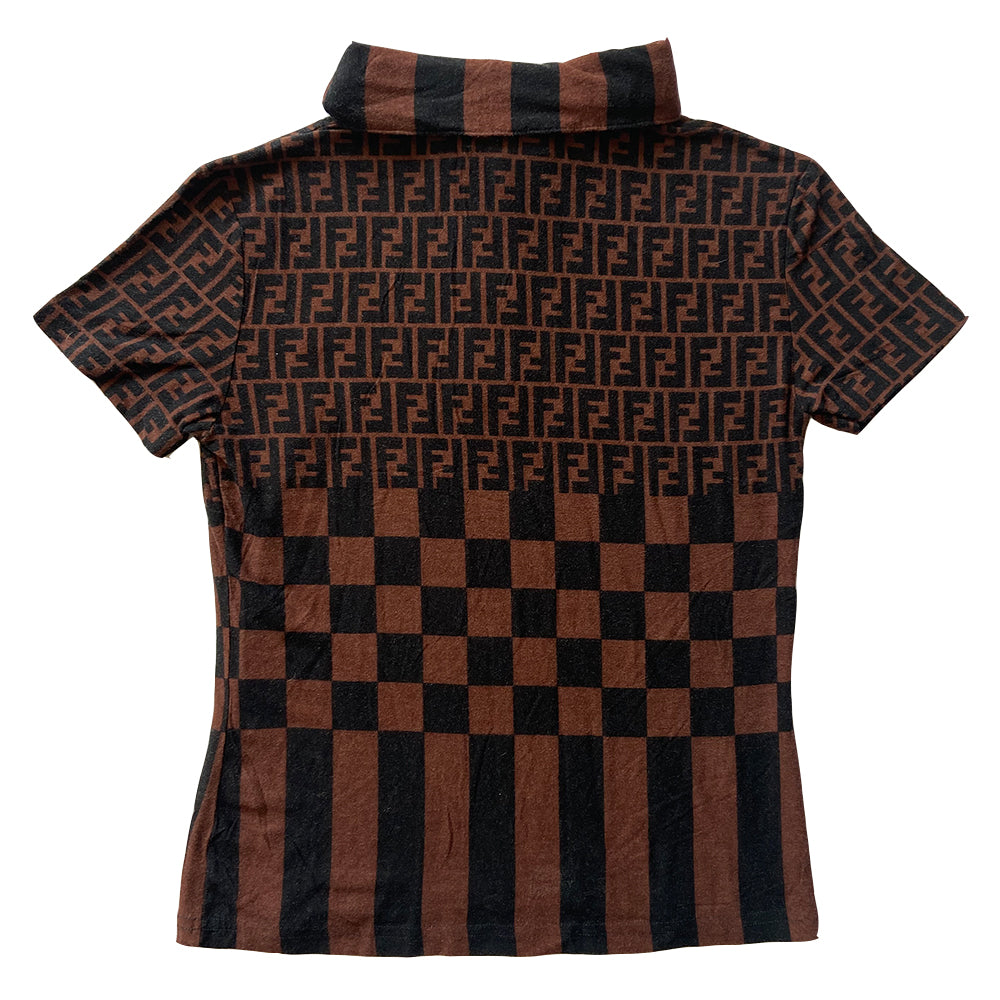Fendi Zucca short sleeve polo shirt with Fendi FF Zucca, checkerboard and stripes patterns on body with striped collar in black and brown. Made in Italy