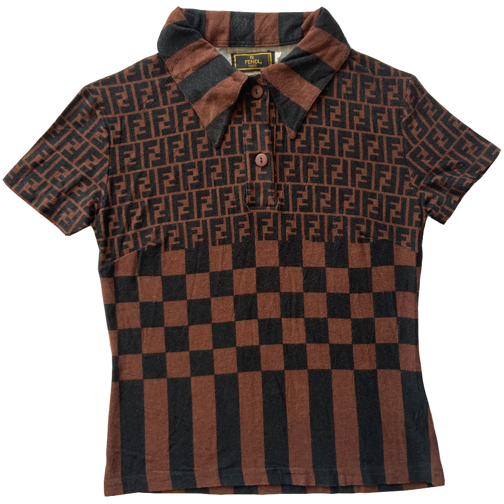 Fendi Zucca short sleeve polo shirt with Fendi FF Zucca, checkerboard and stripes patterns on body with striped collar in black and brown. Made in Italy