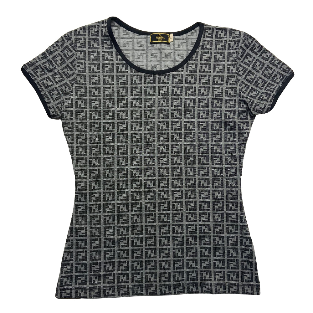 Fendi Zucca print short sleeve tee with all over Fendi FF Zucca logo print with solid black neck and sleeve trim in grey with black print/. Tag Size: 44. Made in Italy