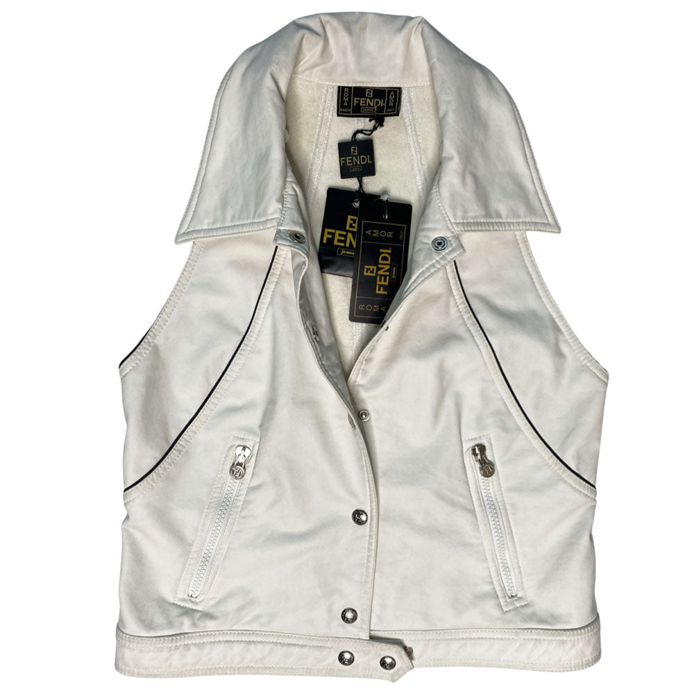 Fendi rubberized white with black piping exterior on terry cloth interior lining collared vest with silver-tone Fendi logo snap button front closure, black piping and Fendi Jeans logo ribbon detail at sides. 2 front zippered pockets with FF logo zipper pulls. Made in Italy