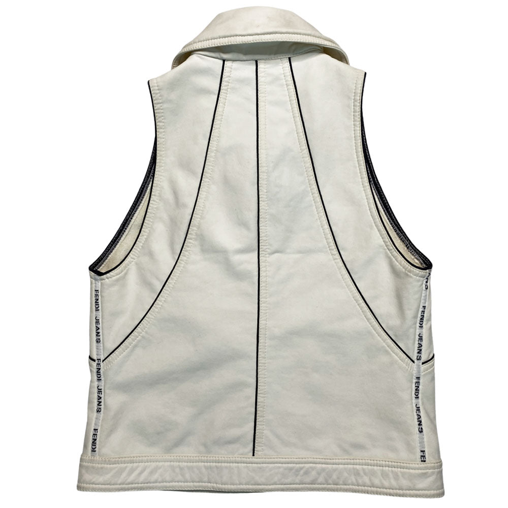 Fendi rubberized white with black piping exterior on terry cloth interior lining collared vest with silver-tone Fendi logo snap button front closure, black piping and Fendi Jeans logo ribbon detail at sides. 2 front zippered pockets with FF logo zipper pulls. Made in Italy