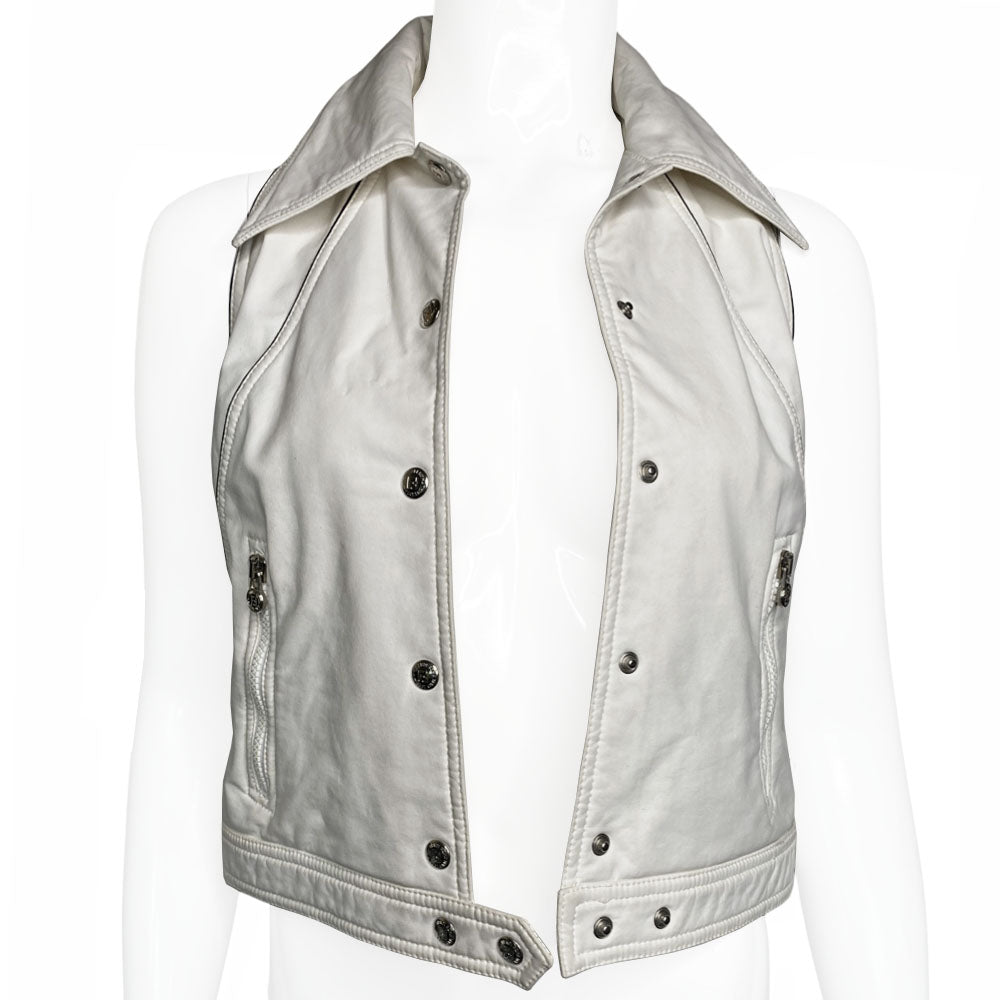 Fendi rubberized white with black piping exterior on terry cloth interior lining collared vest with silver-tone Fendi logo snap button front closure, black piping and Fendi Jeans logo ribbon detail at sides. 2 front zippered pockets with FF logo zipper pulls. Made in Italy